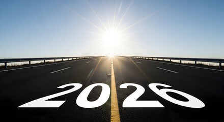 A highway stretching towards a bright, clear sky with the year 2026 painted on the asphalt shows the potential and journey into a promising future horizon with anticipation, ambition, and a new