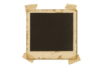 Blank vintage instant photo frame with aged paper texture and masking tape for memory concept on transparent
