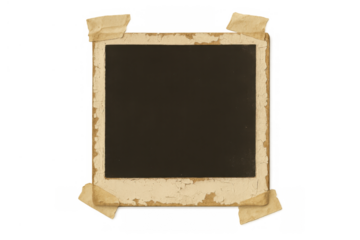 Blank vintage instant photo frame with aged paper texture and masking tape for memory concept on transparent