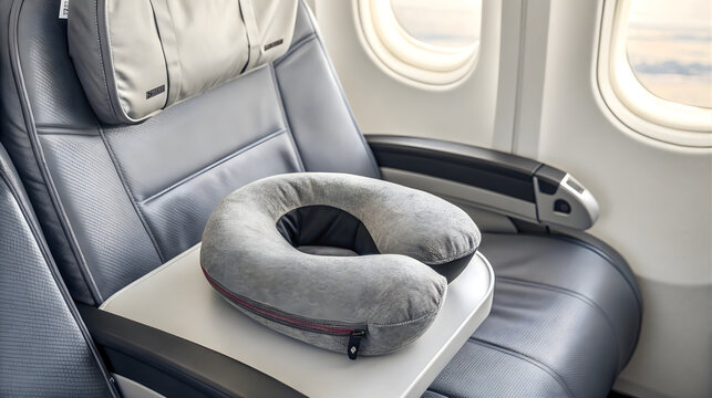 Neck pillow on airplane seat, travel comfort essentials, in-flight relaxation accessory