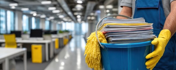 Office cleaning in progress by a professional cleaner with blue uniform and yellow gloves