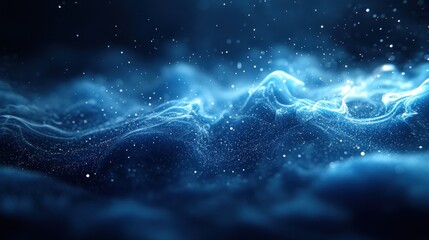 Ethereal blue waves of light and particles flow across a dark, cloudy backdrop