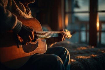 Fototapeta premium Person playing acoustic guitar at home, enjoying warm light and tranquil music