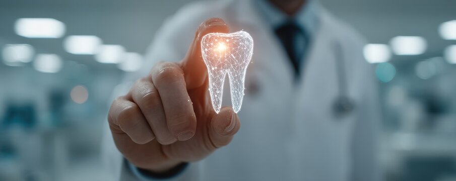 Dentist holds a digital hologram of a tooth in a futuristic clinical setting