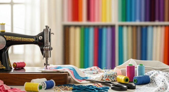 A Colorful Collection of Sewing Materials on Display with a Vintage Sewing Machine, Featuring Various Threads, Fabrics, and Crafting Essentials