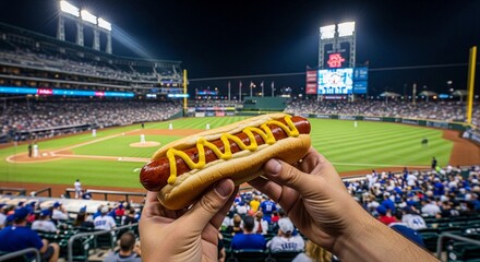 Hands holding a hot dog with mustard at a baseball game. A stadium filled with spectators is visible in the background under bright lights.