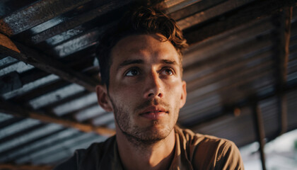 Young man looking up under a corrugated metal roof.