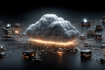 Digital illustration of cloud technology over a connected data network with glowing circuits and lights