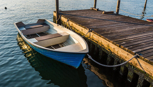 Blue rowboat tied to a wooden dock on calm water.