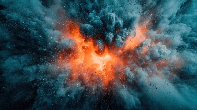 Explosive center of swirling teal smoke, orange glow emanating outward
