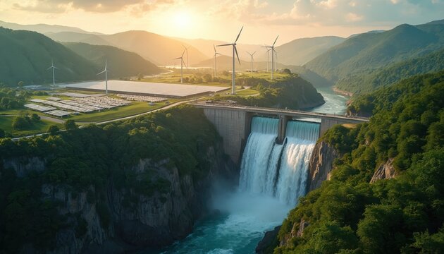 Dam with waterfalls and wind turbines in green mountains at sunset. Solar panels array near river. Renewable energy power station landscape. - Powered by Adobe