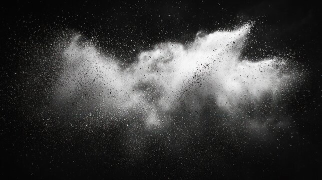 Exploding cloud of white powder, dust, or fine particles on black background