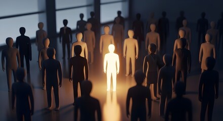 Figura resplandeciente destac&aacute;ndose entre la multitud.
 Concepto de negocio de liderazgo y l&iacute;der intelectual.