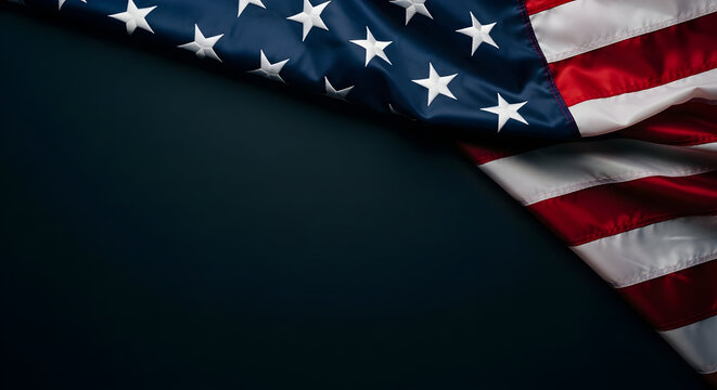The american flag with its patriotic colors of red white and blue is arranged diagonally across a somber dark background creating a meaningful backdrop for content concerning american national pride