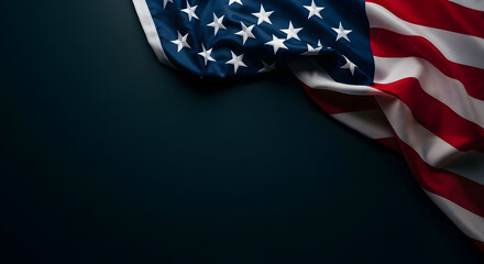 An eye-level close-up captures a section of the American flag draped over a dark backdrop, emphasizing the vibrant red and white stripes alongside the union's blue field with its array of white