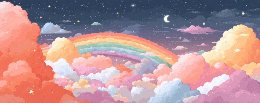 Dreamy night sky with rainbow, colorful clouds, stars, and crescent moon over a serene horizon - Powered by Adobe