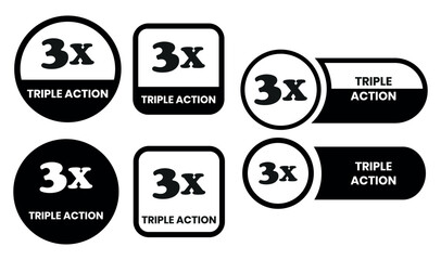 Triple Action - vector label for packaging label design. Triple Action sign, logo, badge, icon, sticker, label, emblem, stamp, symbol, black, line, flat vector, isolated illustration. 