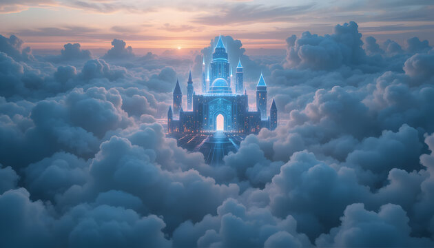 A majestic, glowing blue castle or futuristic city structure emerges from a sea of soft, ethereal clouds during a serene sunset, with warm hues of orange and pink painting the sky