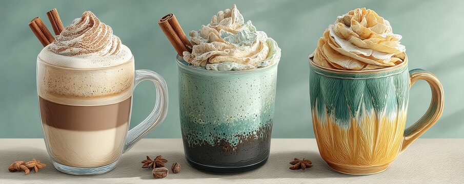 Three decorative coffee mugs with whipped cream, spices, and colorful glazes on a light table - Powered by Adobe