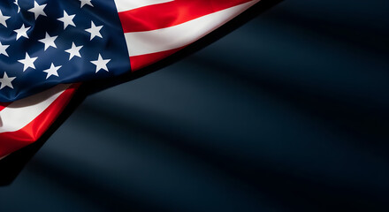A rippled american flag with patriotic red white and blue colors casting a soft shadow against a contrasting neutral dark background evoking feelings of solemnity and american identity creating a