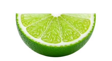 A close up of a half slice of a green lime with a white rind on a black background in bright light