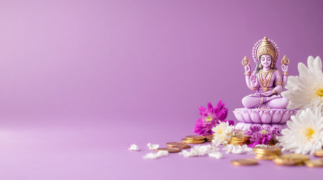 Feng shui vastu arrangement with small lakshmi idol and flowers for prosperity and peace