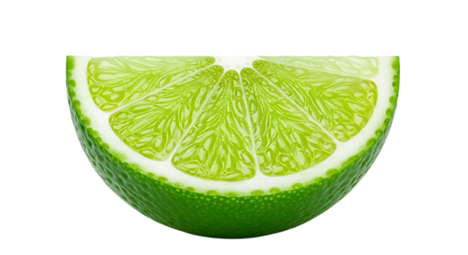 A close up of a half slice of a green lime with a white rind on a black background in bright light