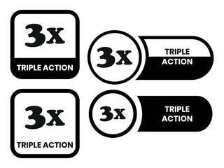 Triple Action - vector label for packaging label design. Triple Action sign, logo, badge, icon, sticker, label, emblem, stamp, symbol, black, line, flat vector, isolated illustration. 
