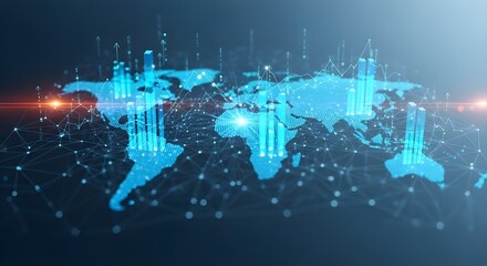 Obraz premium Fondo abstracto de crecimiento financiero con gráficos de líneas y barras ascendentes, superposición de mapas mundiales y flechas hacia arriba. Visualización de datos empresariales modernos en tonos