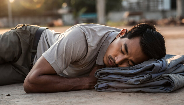 Man sleeping outdoors on folded clothes in warm light.