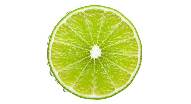 A vibrant green lime slice with visible segments and water droplets against a black background