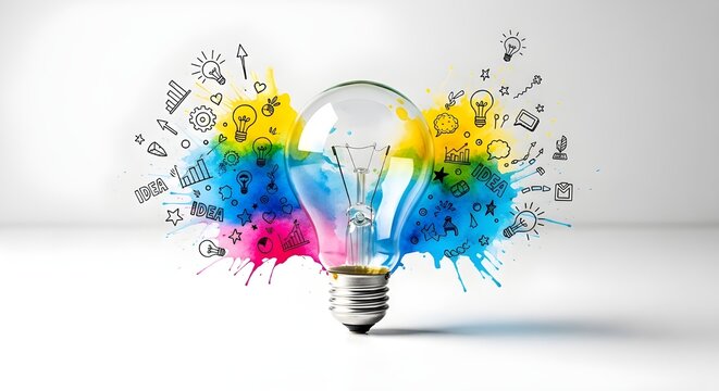 Bombilla creativa repleta de ideas coloridas y conceptos empresariales que simbolizan la innovaci&oacute;n y la inspiraci&oacute;n.