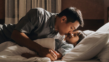 Father kissing child on the nose in bed at night.
