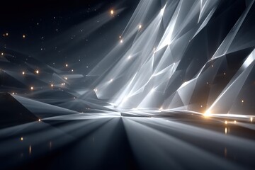 Abstract geometric light shards illuminate a dark space with radiant streaks and tiny golden orbs glow