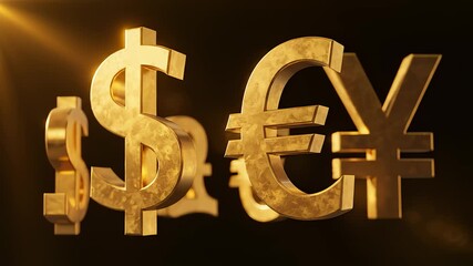 Currency Symbols Rotating in 3d Space on Dark Background - Powered by Adobe