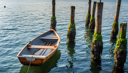 A small boat floats near weathered wooden posts in calm water.