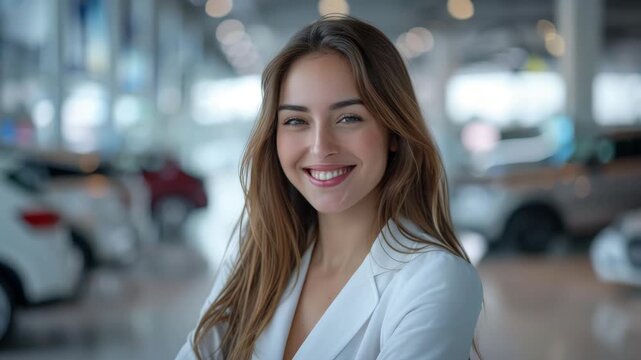 Sales representative smiling in a modern car dealership during daylight, showcasing friendly customer service and professionalism