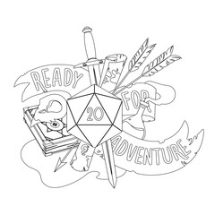 Vector linear illustration on the theme of role-playing board games. A twenty-sided dice, a sword, a magic potion, a spell book, a bird skull, and arrows. The text 