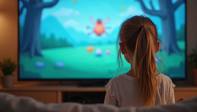 Young girl sits on couch watching colorful cartoon on television screen at home. Child enjoys animated show, engrossed in screen, relaxed indoors. Evening leisure activity for kid.
