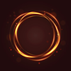 Abstract glowing golden light rings forming a circular frame with sparkling particles on a dark background