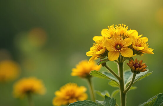 Yellow Potentilla erecta flower blooms in a summer meadow. This tormentil is a medicinal plant used in herbalism and phytotherapy. The wildflower grows on a natural green background.