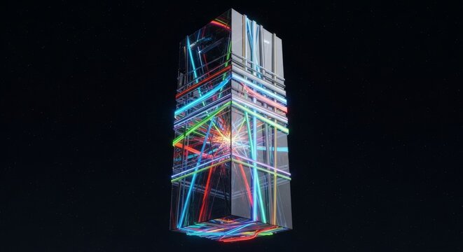 Abstract digital data stream within a modern architectural structure in space - Powered by Adobe