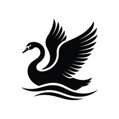 Elegant black swan silhouette with wings spread on water