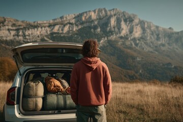 Person in red hoodie stands at open car trunk in a mountainous outdoor landscape during spring adventure