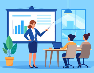A woman in a blue suit presents a bar graph on a projector screen to two seated colleagues in a bright, modern office setting.