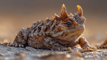 Horned lizard resting, basking in sunlight, detailed scales, spiked head crown