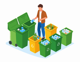 Obraz premium Man sorting recyclable materials into different colored bins, including plastic bottles, glass, and other waste, promoting environmental responsibility.