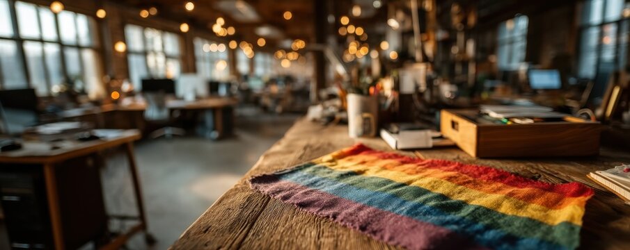 Diverse office team at work with rainbow Pride flag on desk in a modern workspace