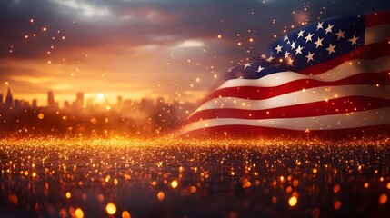 Sunset glow reflects off water with American flag waving in the background