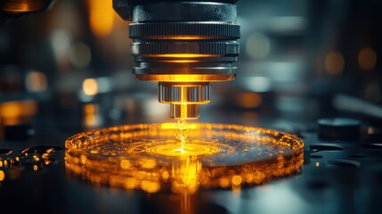 Laser etching glowing disc. Detailed, high-tech, metal, and dark background